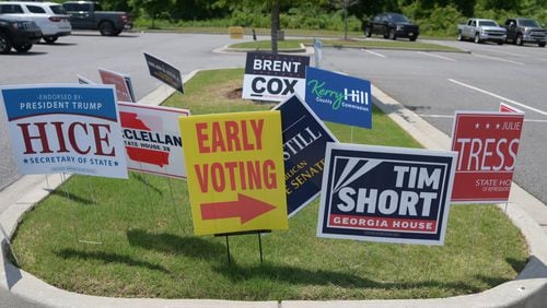 Political signs outside Forsyth County Elections Office on Monday, May 16, 2022. (Natrice Miller / natrice.miller@ajc.com)