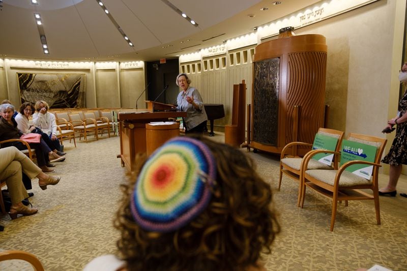 Sherry Frank, co-president of the National Council of Jewish Women Atlanta Section, is seen at a rally in support of abortion held by the Atlanta section of the National Council of Jewish Women at The Temple in Atlanta on Friday, May 6, 2022. (Arvin Temkar / arvin.temkar@ajc.com)