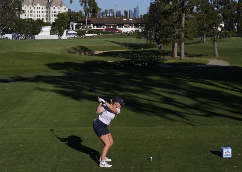 Maja Stark hits from the 17th tee during the third round of the LPGA's JM Eagle LA Championship golf tournament at Wilshire Country Club, Saturday, April 27, 2024, in Los Angeles. (AP Photo/Ashley Landis)
