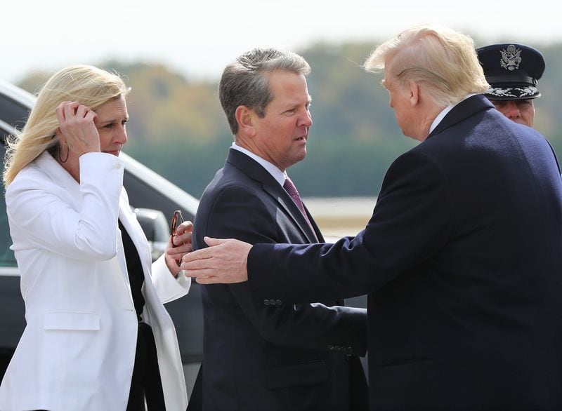 November 8, 2019 Marietta: President Donald Trump is greeted by Georgia Governor Brian Kemp and First Lady Marty Kemp as he arrives at Dobbins AFB on Friday, November 8, 2019, in Marietta.   Curtis Compton/ccompton@ajc.com