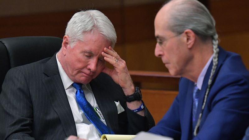 March 13, 2018 Atlanta - Tex McIver (left) reacts as he sits with his defense attorney Bruce Harvey during the first day of trial of Tex McIver before Fulton County Chief Judge Robert McBurney. HYOSUB SHIN / HSHIN@AJC.COM