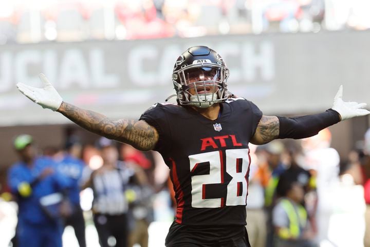 Falcons cornerback Mike Ford reacts after making a play against the Browns during the third quarter Sunday in Atlanta. (Miguel Martinez / miguel.martinezjimenez@ajc.com)