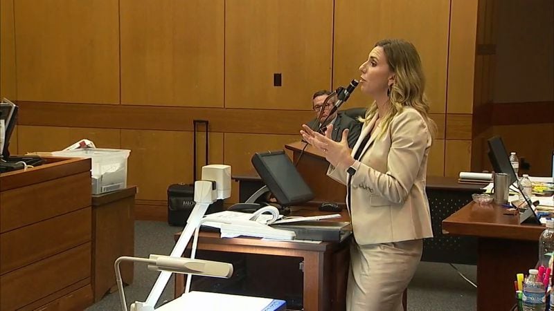 Defense attorney Amanda Clark Palmer examines witness Stan Smith during the Tex McIver murder trial on April 12, 2018 at the Fulton County Courthouse. (Channel 2 Action News)