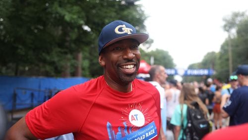 Atlanta Mayor Andre Dickens at the finish of the 54th running of the Atlanta Journal-Constitution Peachtree Road Race in Atlanta on Tuesday, July 4, 2023. (Jason Getz /The Atlanta Journal-Constitution)