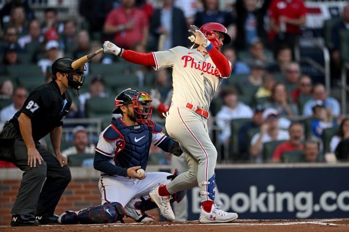 Philadelphia Phillies designated hitter Bryce Harper (3) strikes out in the first inning of the NLDS Game 2 Atlanta on Monday, Oct. 9, 2023.   (Hyosub Shin / Hyosub.Shin@ajc.com)