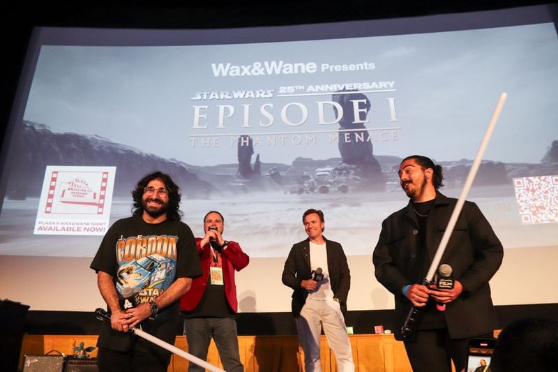 The May 4, 2024 screening of "The Phantom Menace" featured Ewan McGregor and special light sabers to film directors Rocco Shapiro (left) and Sean Valdivieso. JAMES ELLIS