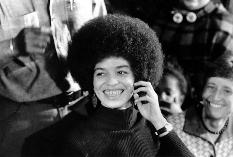 Angela Davis smiles at a news conference in her San Jose, Calif., headquarters on Feb. 25, 1972, a day after she was released on $102,500 bail. In 1970, Franklin had offered to pay Davis’ bail on  charges related to a 1970 shootout. But Davis wasn’t eligible for bail at the time.  