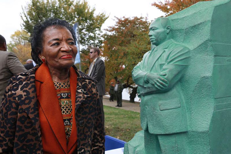 Christine King Farris, sister of Martin Luther King Jr., looks at a model of the Stone of Hope, the centerpiece of the Martin Luther King, Jr. National Memorial, after a ceremony Thursday, announcing construction to begin on the memorial on the National Mall.