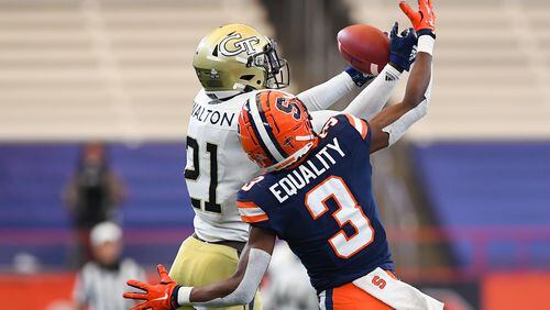 Sep 26, 2020; Syracuse, New York, USA; Georgia Tech Yellow Jackets defensive back Zamari Walton (21) intercepts a pass in front of Syracuse Orange wide receiver Taj Harris (3) during the third quarter at the Carrier Dome. Mandatory Credit: Rich Barnes-USA TODAY Sports
