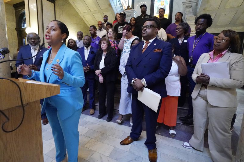 Mississippi State Rep. Zakiya Summers, D-Jackson, to reporters following a hearing where a group of legislators heard about the difficulties that some former felons face in regaining their right to vote, Wednesday, April 17, 2024, at the Mississippi Capitol in Jackson. (AP Photo/Rogelio V. Solis)