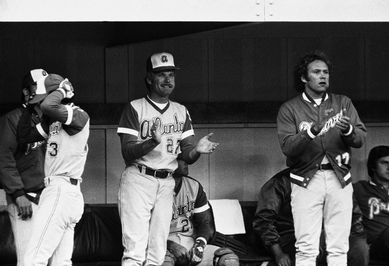   Ted Turner (27) cheers for his Braves as they play the Pirates at Three Rivers Stadium on May 11, 1977. 