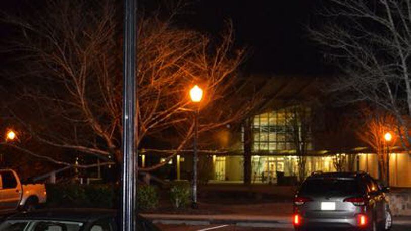 A white LED street light outside City Hall in Peachtree City shows the difference between the conventional yellow bulbs and newer, more energy-efficient bulbs. Photo by Jill Howard Church for the AJC