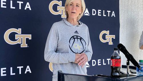 Georgia Tech women's basketball coach Nell Fortner met the media Tuesday. (Photo by Ken Sugiura/AJC)
