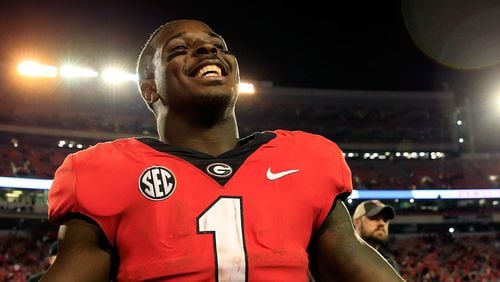 ATHENS, GA - NOVEMBER 18: Sony Michel #1 of the Georgia Bulldogs celebrates beating the Kentucky Wildcats at Sanford Stadium on November 18, 2017 in Athens, Georgia. (Photo by Daniel Shirey/Getty Images)