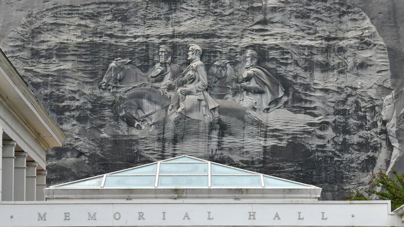 April 20, 2021 Stone Mountain - Memorial Hall (foreground) and Confederate Memorial Carving (background) at Stone Mountain Park on Tuesday, April 20, 2021. (Hyosub Shin / Hyosub.Shin@ajc.com)