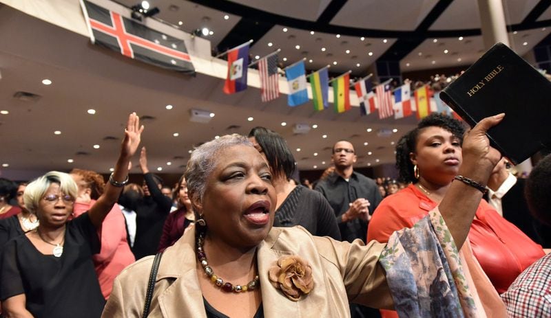 Mourners fill the sanctuary during the homegoing services for Bishop Eddie Long, senior pastor at New Birth Missionary Baptist Church, on Wednesday, Jan. 25, 2017. HYOSUB SHIN / HSHIN@AJC.COM