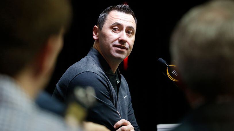 TAMPA, FL - JANUARY 7: Offensive coordinator Steve Sarkisian of the Alabama Crimson Tide speaks to the media during the College Football Playoff National Championship Media Day on January 7, 2017 at Amalie Arena in Tampa, Florida. (Photo by Brian Blanco/Getty Images)