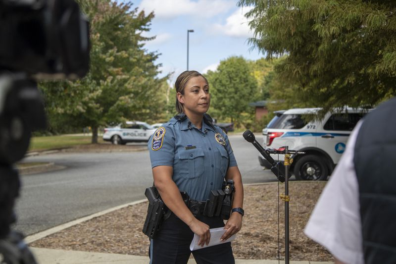Gwinnett County Officer Hideshi Valle speaks to reporters during a news conference Tuesday.