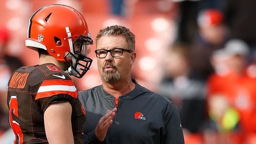 Cleveland head coach Gregg Williams talks with quarterback Baker Mayfield prior to the game against the Kansas City Chiefs Nov. 4, 2018, at FirstEnergy Stadium in Cleveland.