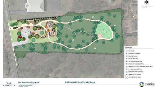 A conceptual master plan for the new, Mid-Broadwell Park in Alpharetta has been approved by the City Council. CITY OF ALPHARETTA