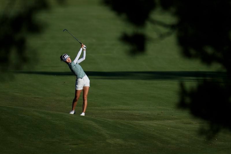 Grace Kim hits from the 16th fairway during the third round of the LPGA's JM Eagle LA Championship golf tournament at Wilshire Country Club, Saturday, April 27, 2024, in Los Angeles. (AP Photo/Ashley Landis)