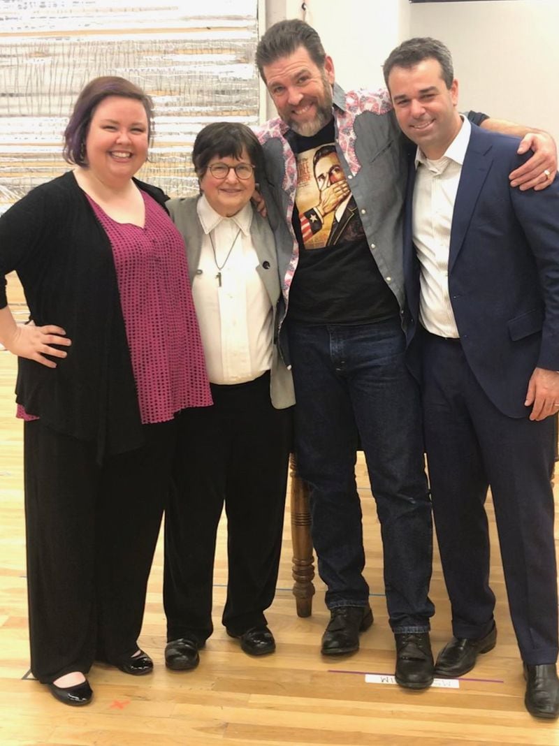 Sister Helen Prejean met the cast at a rehearsal for the upcoming Atlanta Opera production of “Dead Man Walking.” Atlanta-based mezzo-soprano Jamie Barton (left) says that the opera is unusual in that it offers a chance to play a real person. With Barton are (from left) Prejean, baritone Michael Mayes and Atlanta Opera Artistic Director Tomer Zvulun. CONTRIBUTED BY LAUREN BAILEY