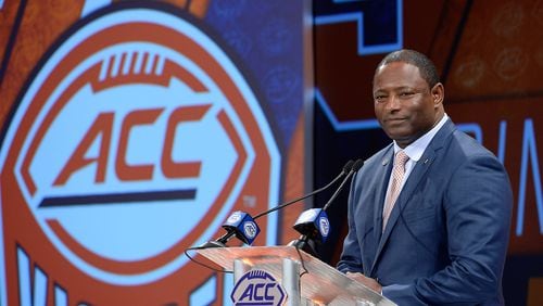 Syracuse head coach Dino Babers addresses the media during the 2018 ACC Football Kickoff in Charlotte, N.C. on July 19, 2018. (Photo by Sara D. Davis, theACC.com)