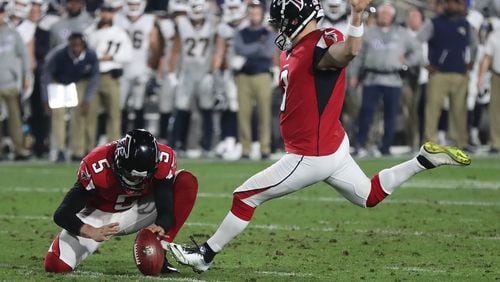 Back in the 2017 season, Falcons Matt Bryant makes a second half field goal against the Los Angeles Rams in their Wild Card game. Bryant is 12-for-12 in postseason field goal attempts for the Falcons. (Curtis Compton/ccompton@ajc.com)