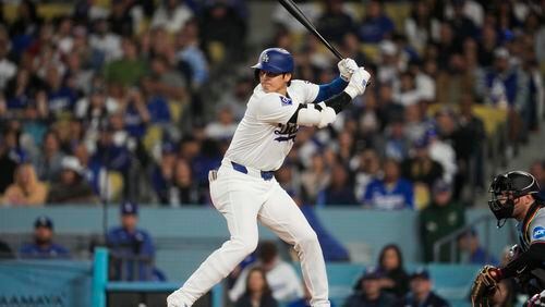Los Angeles Dodgers designated hitter Shohei Ohtani waits for a pitch during the fourth inning of a baseball game against the Miami Marlins in Los Angeles, Monday, May 6, 2024. (AP Photo/Ashley Landis)