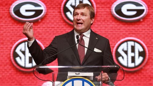 JGeorgia head coach Kirby Smart holds his SEC Media Days press conference at the College Football Hall of Fame on Tuesday, July 17, 2018, in Atlanta.