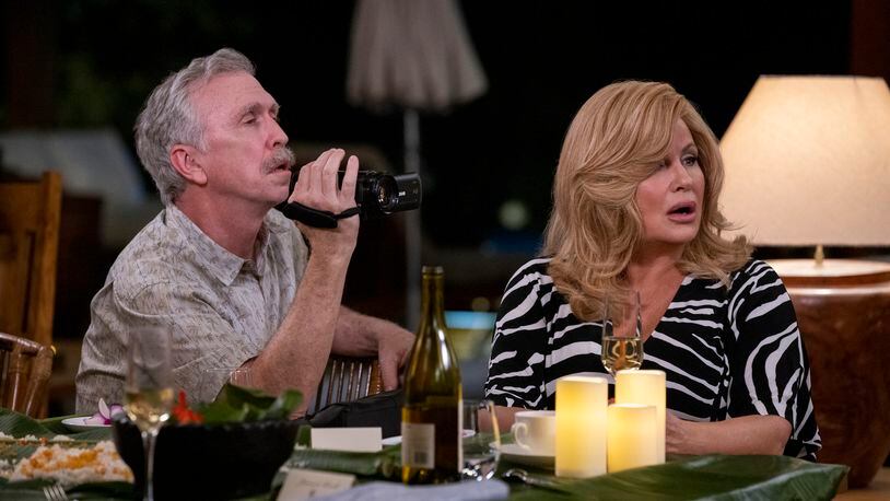 Steve Coulter as Larry Fowler and Jennifer Coolidge as Carol Fowler in Shotgun Wedding. Photo Credit: Ana Carballosa