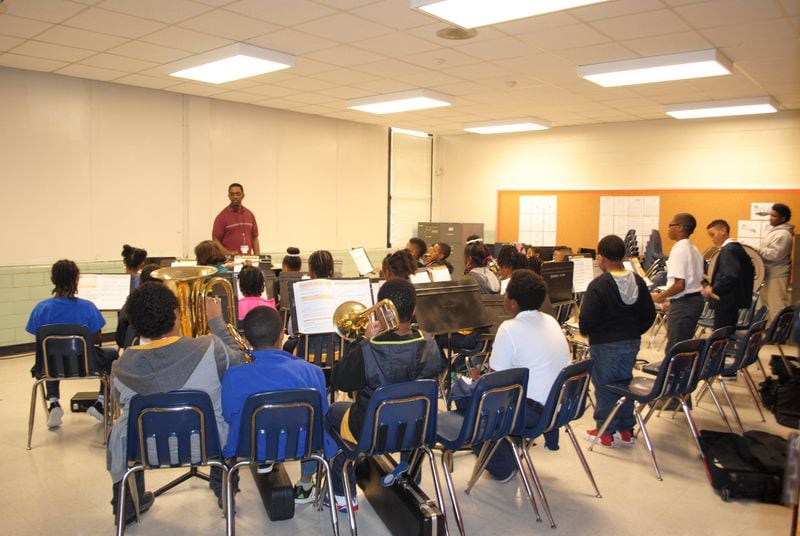 Band teacher Carlos Fowler directs a class of students at Wadsworth Magnet School for High Achievers. Principal Cornellia Crum says one of the school’s keys to success is the fact that every student takes instrumental music classes. Photo courtesy of Wadsworth