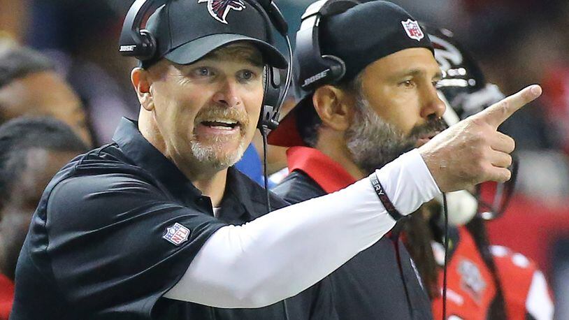 091415 ATLANTA: Falcons head coach Dan Quinn makes a point from the sidelines against the Eagles during the Monday Night Football game on Monday, Sept. 14, 2015, in Atlanta. Curtis Compton / ccompton@ajc.com