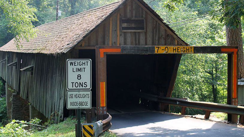 To correct its leaning, the Concord Road Covered Bridge near Smyrna will be closed from 10 a.m. to noon Thursday and then June through the summer for stabilization. Courtesy of Cobb County