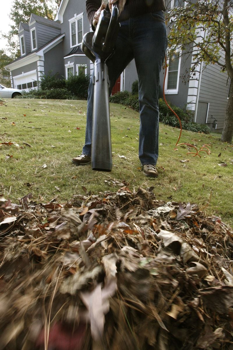 A metro Atlanta homeowner blows leaves into a pile in 2007. (BOB ANDRES / AJC FILE)
