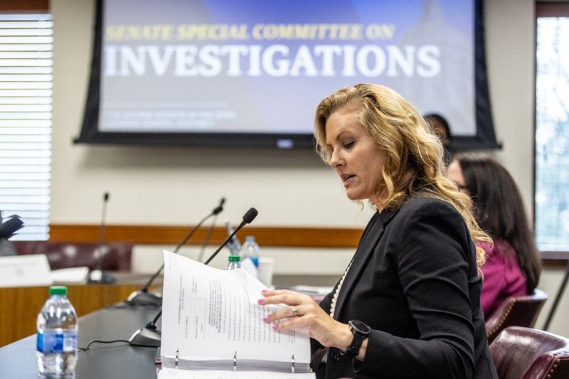 Defense attorney Ashleigh Merchant testifies before the Senate Special Committee on Investigation at the state Capitol in Atlanta on Wednesday.