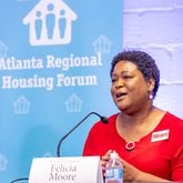 Felicia Moore participates in the Atlanta Regional Mayoral Forum, centered around Atlanta's housing challenges and took place in two parts.  (Jenni Girtman for The Atlanta Journal-Constitution)