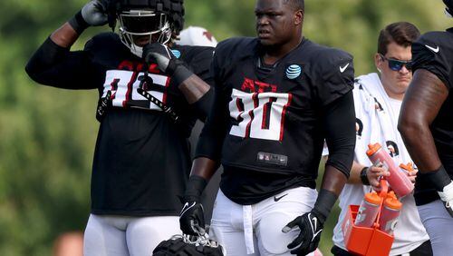 Defensive tackle Marlon Davidson (90), who was taken in the second round (47th overall) of the 2020 NFL draft, was cut by the Falcons on Tuesday. (Jason Getz / Jason.Getz@ajc.com)