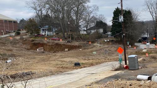 An image of Oxbo Road in Roswell where construction to realign the road stalled in early 2021.  Photo: Adrianne Murchison