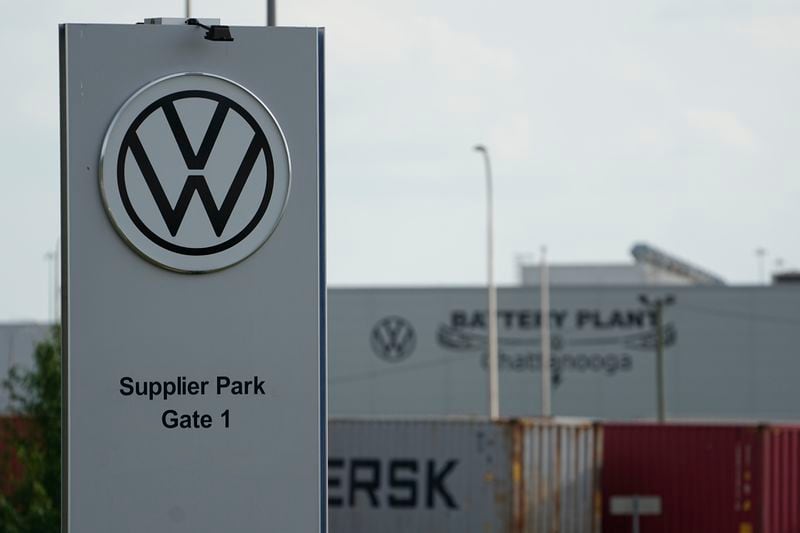 A VW logo is seen outside the Volkswagen battery plant in Chattanooga, Tenn., Friday, April 19, 2024. Workers at the plant finish voting Friday night on whether to join the United Auto Workers union. (AP Photo/George Walker IV)