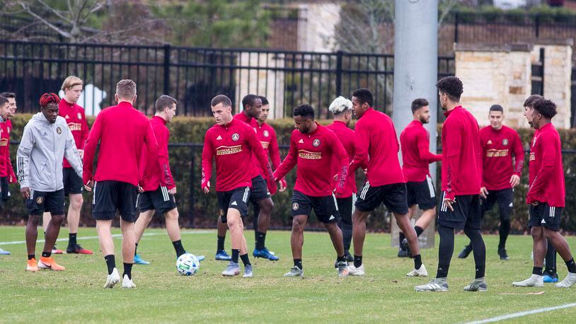 Members of the Atlanta United soccer team practice at their training facility at the Children's Healthcare of Atlanta Training Ground, Monday, January 13, 2020.