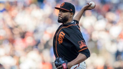 San Francisco Giants pitcher Jay Jackson works against the Los Angeles Dodgers in the first inning of a baseball game in San Francisco, Saturday, Sept. 4, 2021. (AP Photo/John Hefti)