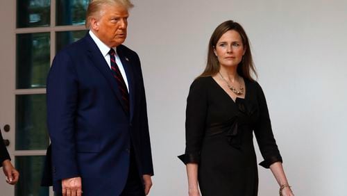 President Donald Trump arrives with Judge Amy Coney Barrett to introduce her as his Supreme Court Associate Justice nominee in the Rose Garden of the White House in Washington, D.C., on Saturday, Sept. 26, 2020. (Yuri Gripas/Abaca Press/TNS)
