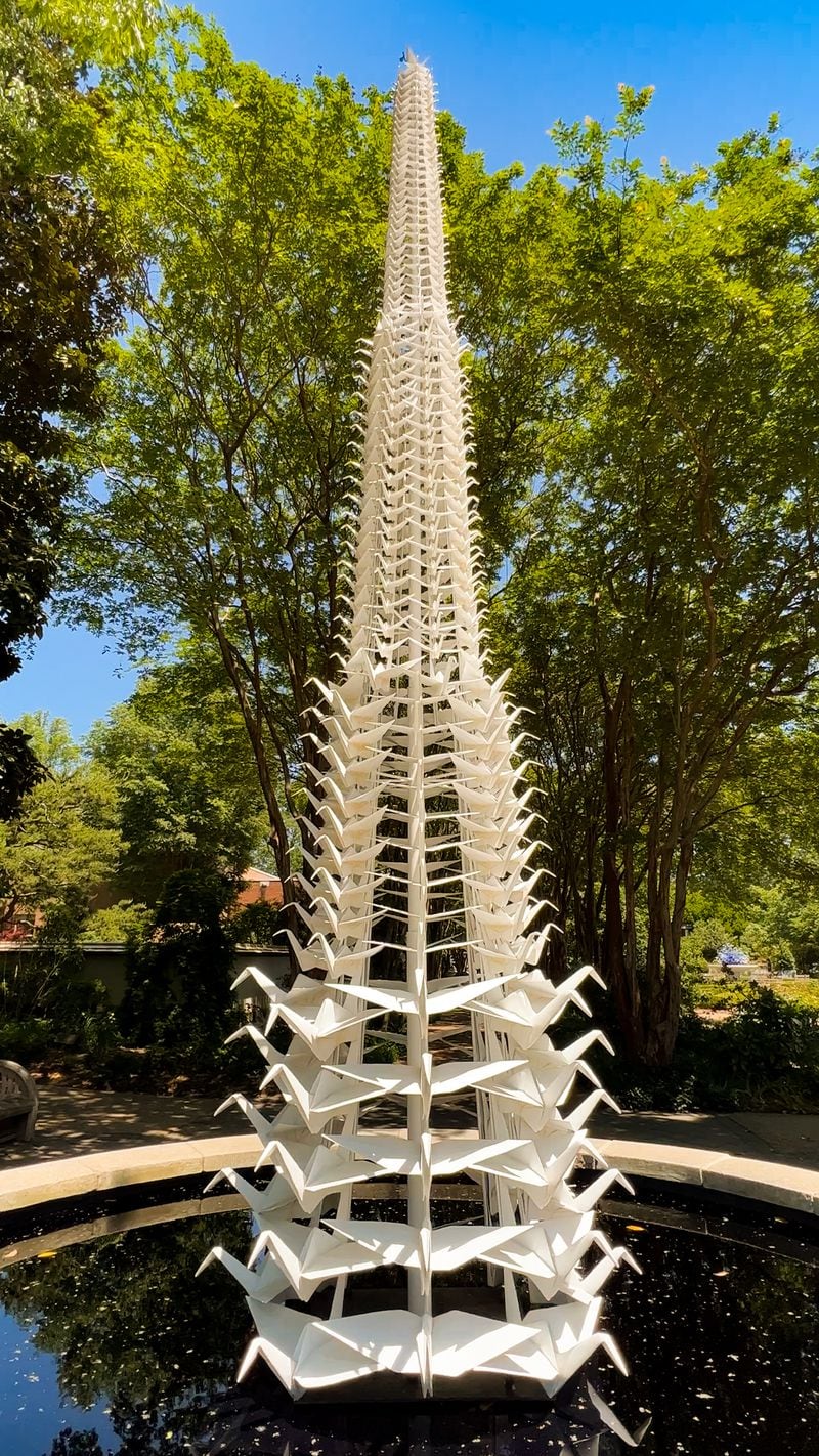 The peace crane is probably the most familiar origami creation, and Master Peace stacks 500 of them in a tower. The tower is set in a fountain with a reflecting pool, so 500 more cranes are reflected back. It’s part of Origami in the Garden at Atlanta Botanical Garden through Oct. 16.
Courtesy of Atlanta Botanical Garden