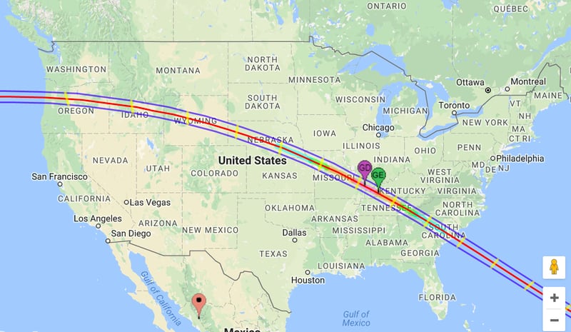 A screenshot of the Aug. 21, 2017, total solar eclipse path through the U.S.