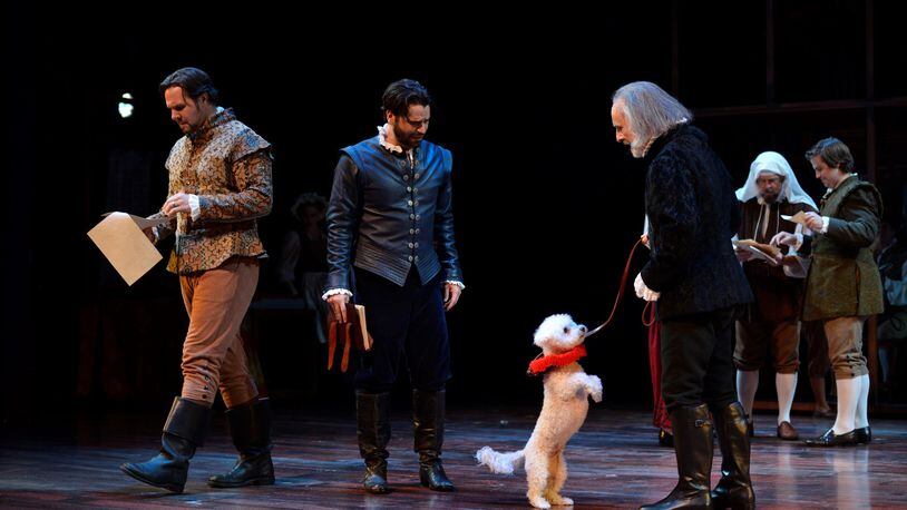 Travis Smith (from left), Thomas Azar, Norman (the dog), Richard Garner, Allan Edwards and Alexander Oakley in the Alliance Theatre’s production of “Shakespeare in Love” at the Conant Performing Arts Center. CONTRIBUTED BY GREG MOONEY
