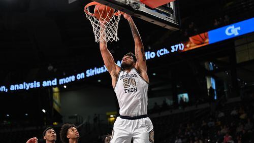 Georgia Tech center Rodney Howard scores on a dunk against Northeastern in the Yellow Jackets' 81-63 win at McCamish Pavilion on Dec. 2, 2022. (Danny Karnik/Georgia Tech Athletics)