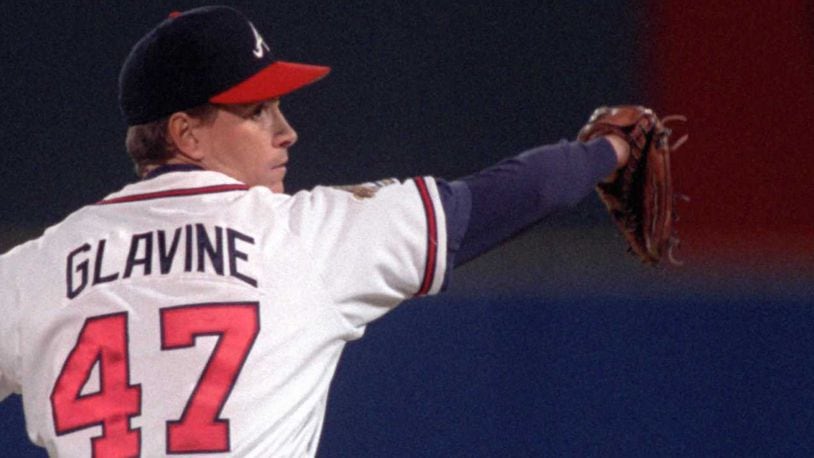 Braves starting pitcher Tom Glavine holds the Cleveland Indians to just one hit in Game 6 of the World Series Oct. 28, 1995, in Atlanta. The Braves captured their first championship in Atlanta behind the MVP performance. (Marlene Karas / AJC)