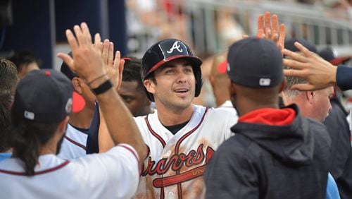 Braves utility infielder/outfielder Chase d’Arnaud (pictured) was designated for assignment Tuesday when the Braves brought outfielder Lane Adams from Triple-A Gwinnett. (HYOSUB SHIN / HSHIN@AJC.COM)