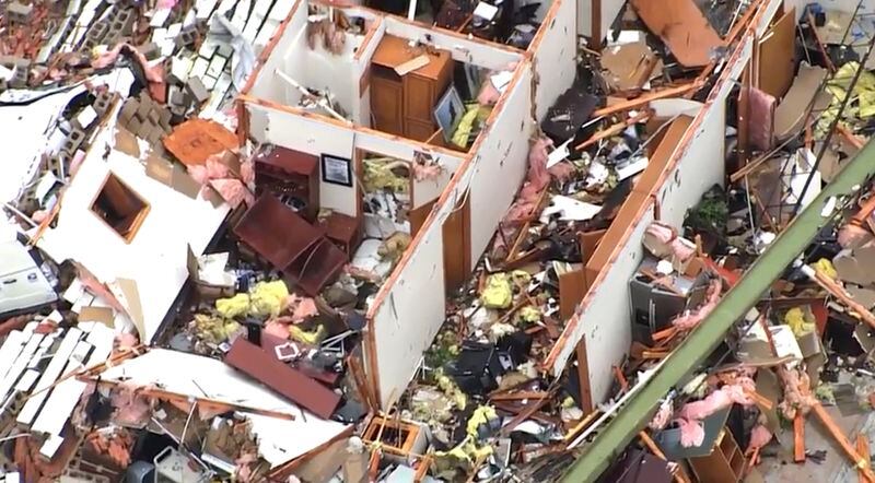 This image taken from video provided by KOCO shows damage caused by a tornado in Sulphur, Okla., Sunday, April 28, 2024. (KOCO via AP)